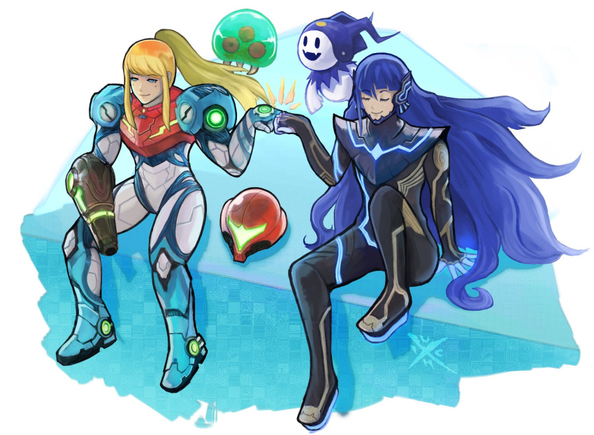 1boy, 1girl, blonde_hair, blue_eyes, blue_hair, bodysuit, closed_eyes, fist_bump