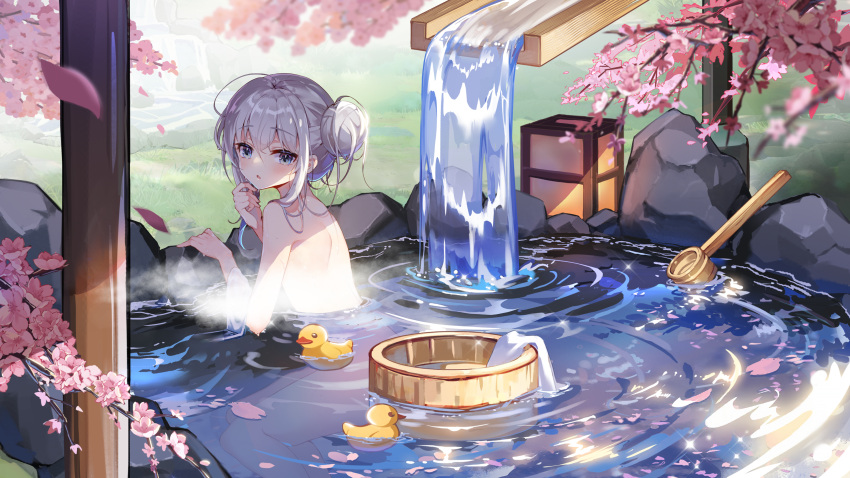 1girl, benghuai_xueyuan, bronya_zaychik, bucket, cherry_blossoms, grass, grey_eyes, grey_hair