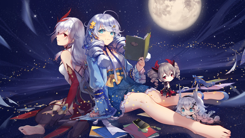 2girls, antenna_hair, bangs, bare_shoulders, barefoot, benghuai_xueyuan, blue_eyes, book, braid, bronya_zaychik, bronya_zaychik_(black_nucleus), cellphone, chibi, chibi_inset, china_dress, chinese_clothes, dress, drill_hair, fu_hua, fu_hua_(phoenix), full_body, full_moon, grey_hair, hair_between_eyes, highres, honkai_(series), honkai_impact_3rd, kiana_kaslana, kiana_kaslana_(knight_moonbeam), long_hair, long_sleeves, looking_at_another, moon, multiple_girls, night, night_sky, official_art, phone, red_eyes, shoes, shoes_removed, sitting, sitting_on_floor, sky, star_(sky), toes, twin_braids, twin_drills, white_hair