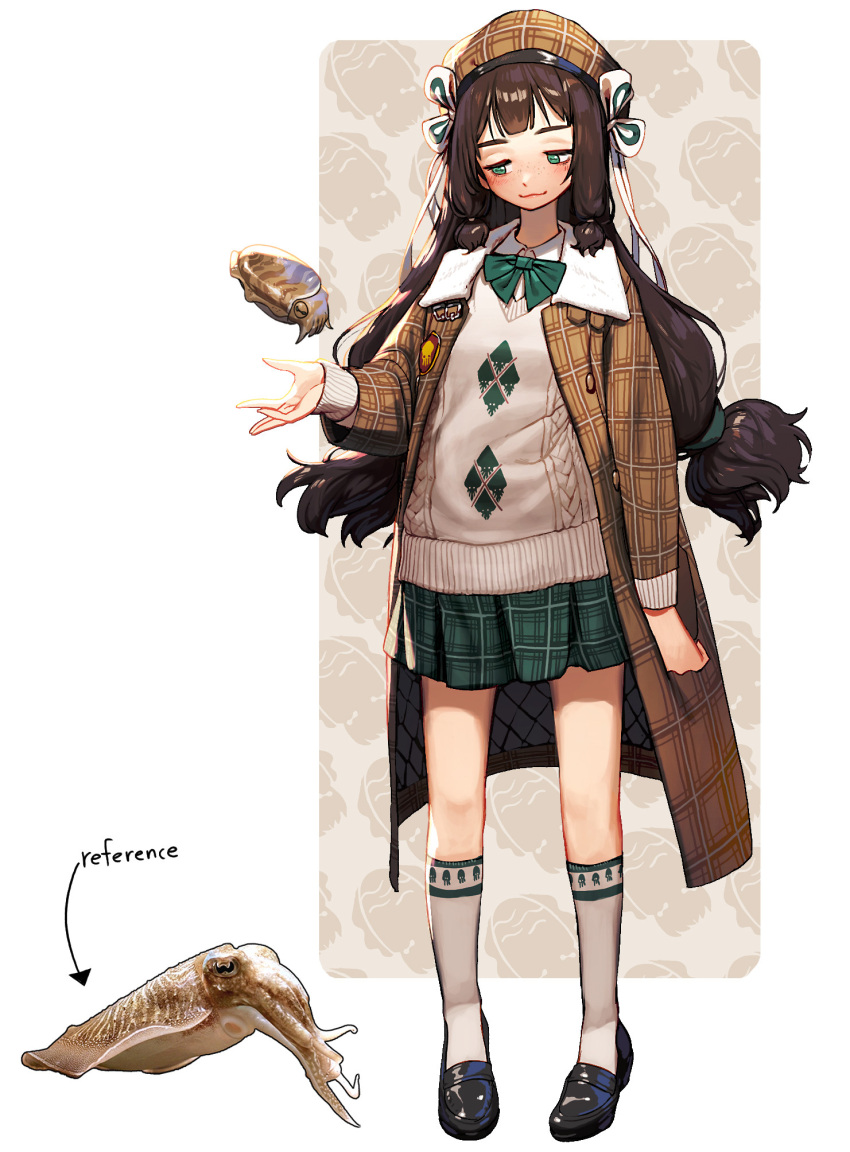1girl, black_footwear, black_hair, blush, bow, bowtie, brown_coat, brown_headwear, coat, collared_shirt, cuttlefish, freckles, full_body, green_eyes, green_neckwear, green_skirt, grey_legwear, half-closed_eyes, hand_up, hat, highres, horizontal_pupils, long_hair, low-tied_long_hair, original, plaid, plaid_coat, plaid_headwear, plaid_skirt, rinotuna, shadow, shirt, shoes, skirt, sleeves_past_wrists, smile, socks, solo, standing, sweater, twintails, white_shirt