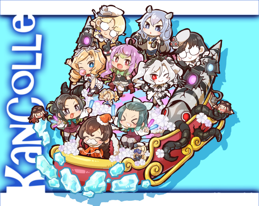 6+girls, absurdres, abyssal_ship, ahoge, black_gloves, black_hair, blonde_hair, blue_eyes