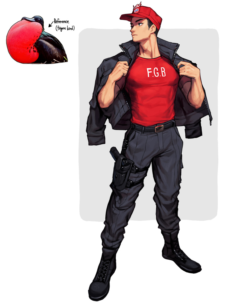 1boy, absurdres, belt, black_footwear, black_jacket, black_pants, frigate_bird, full_body, gun, hands_up, hat, highres, holster, holstered_weapon, jacket, jacket_on_shoulders, original, pants, personification, print_shirt, red_headwear, red_shirt, rinotuna, shadow, shirt, shirt_tucked_in, shoes, solo, standing, weapon