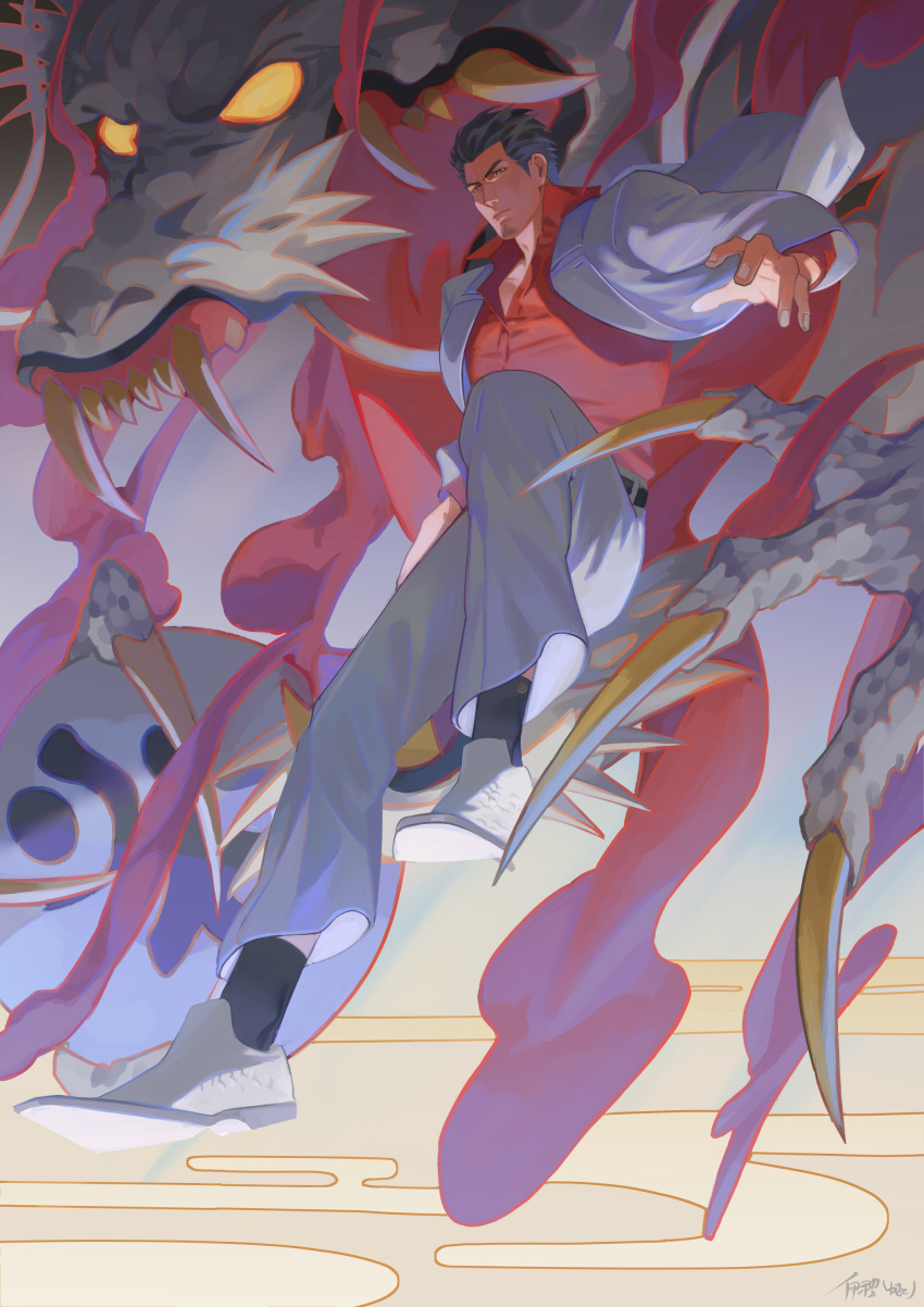 1boy, absurdres, black_legwear, claws, dragon, eastern_dragon, facial_hair, floating