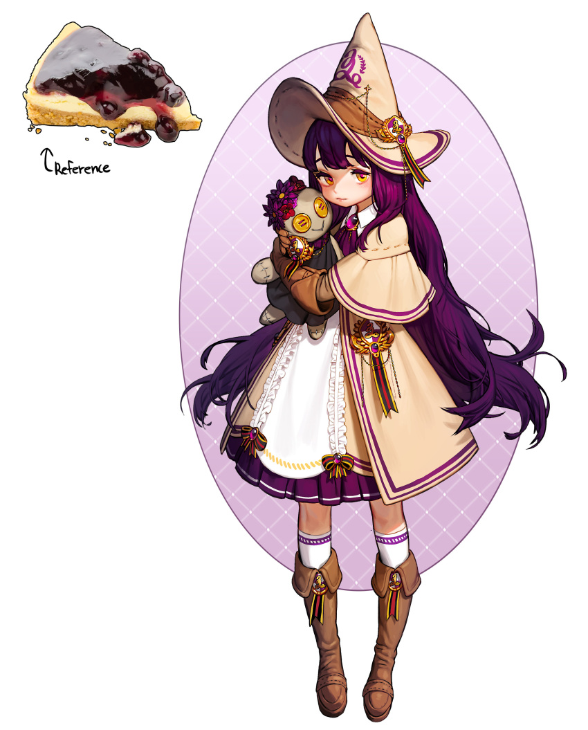 1girl, absurdres, bangs, blueberry, boots, brown_footwear, brown_gloves, brown_headwear, cheesecake, collared_dress, food, fruit, gloves, hat, highres, holding, holding_stuffed_toy, long_hair, long_sleeves, looking_at_viewer, original, oval_background, personification, purple_hair, rinotuna, shadow, socks, solo, stuffed_toy, very_long_hair, witch_hat, yellow_eyes