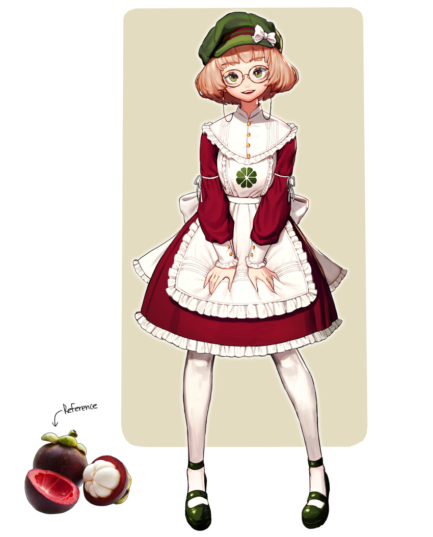 1girl, absurdres, apron, black_footwear, blonde_hair, bow, brown_background, dress, frilled_apron, frills, full_body, green_eyes, green_headwear, hat, hat_bow, highres, long_sleeves, looking_at_viewer, mangosteen, open_mouth, original, pantyhose, personification, red_dress, rinotuna, short_hair, smile, solo, standing, white_apron, white_bow, white_legwear
