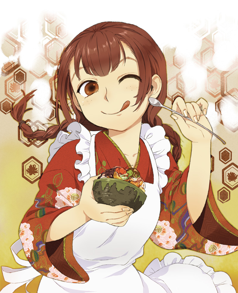 :q, apron, bowl, braid, brown_eyes, brown_hair, cherry, food