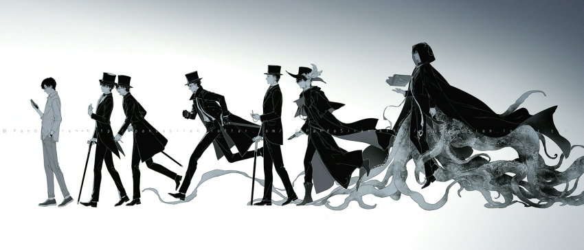 6+boys, arrodes_(lord_of_the_mysteries), black_cape, black_coat, black_footwear, black_gloves, black_headwear, black_neckwear