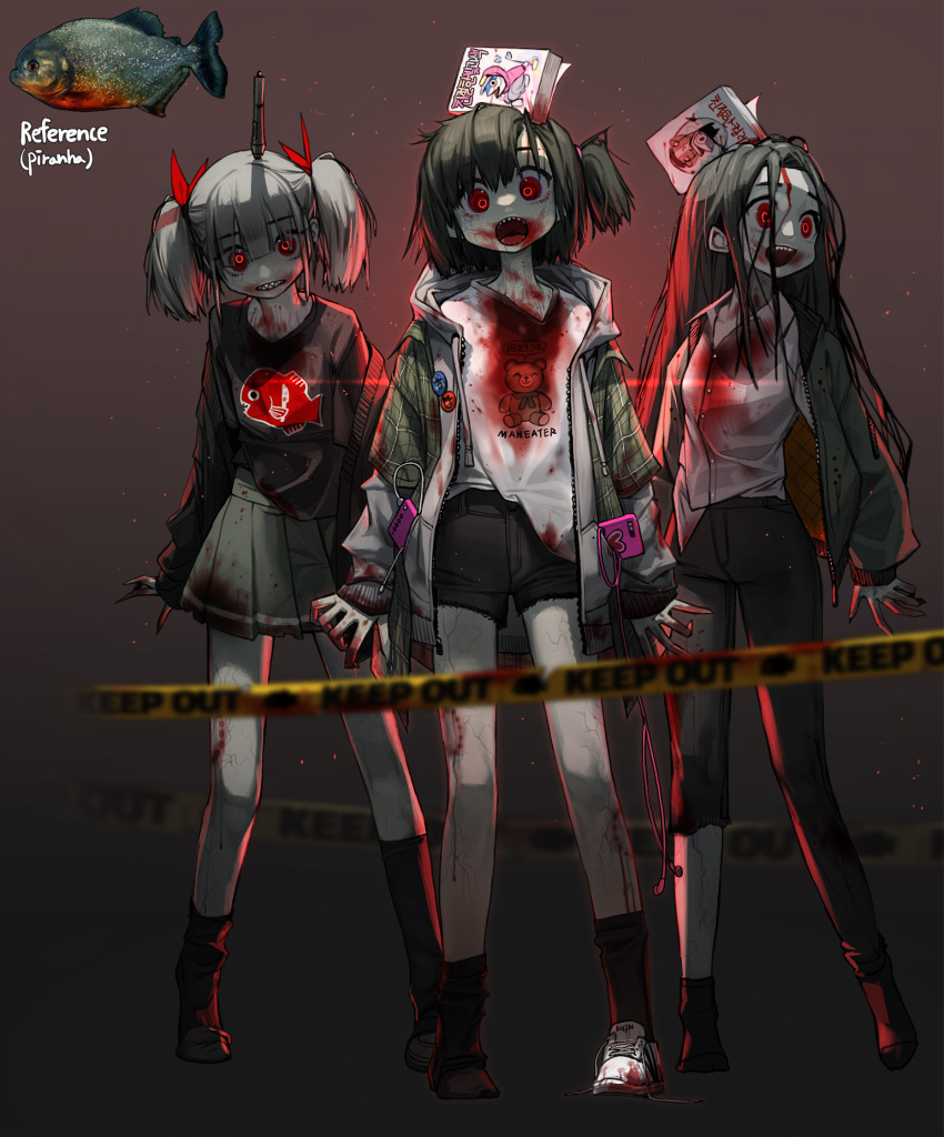 3girls, black_background, black_hair, black_shirt, black_shorts, blood, blood_on_face, bloody_clothes
