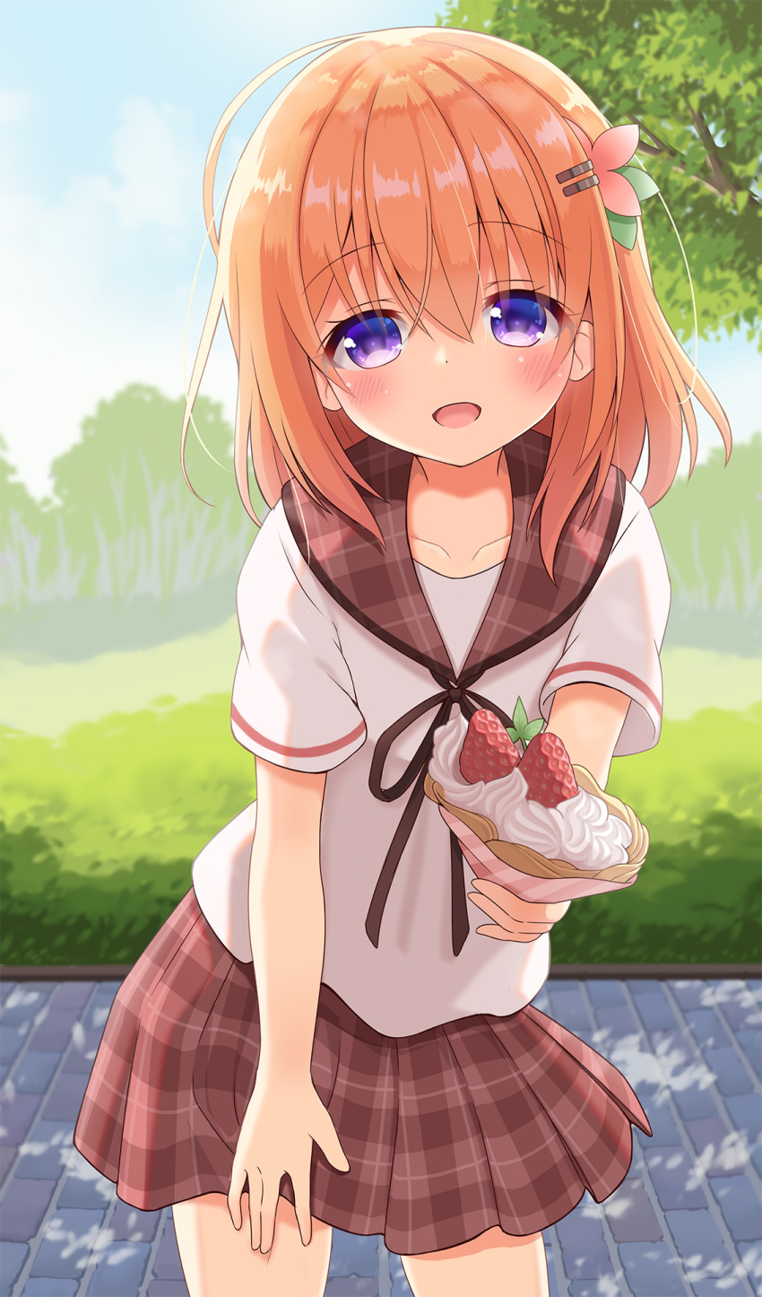 1girl, blush, bow, cream, crepe, food, fruit, fujii_tatsuya