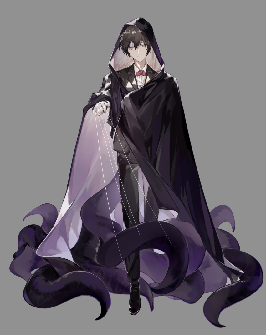 1boy, arm_up, black_footwear, black_pants, black_robe, bow, bowtie, brown_eyes, brown_hair, chinese_commentary, commentary_request, gaural, gloves, grey_background, highres, hood, klein_moretti, looking_at_viewer, lord_of_the_mysteries, pants, red_neckwear, robe, shirt, shoes, simple_background, string, tentacles, white_gloves, white_shirt