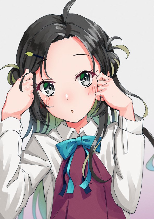 1girl, ahoge, black_hair, blue_ribbon, double_bun, dress, forehead, green_hair