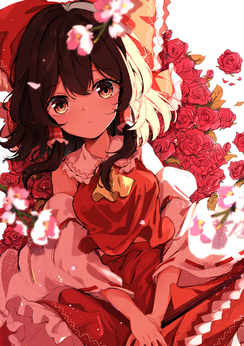 1girl, absurdres, alternate_eye_color, ascot, bangs, blurry, blurry_foreground, bow