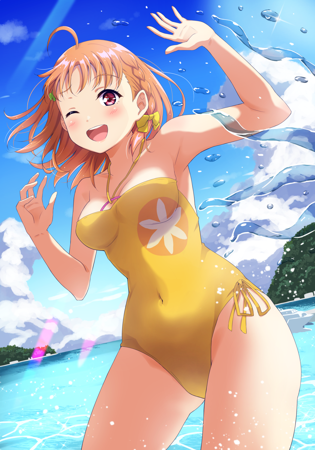 1girl, ahoge, blue_sky, braid, breasts, casual_one-piece_swimsuit, clouds, clover_hair_ornament, commentary_request, cowboy_shot, day, dutch_angle, hair_ornament, highres, looking_at_viewer, love_live!, love_live!_sunshine!!, medium_breasts, one-piece_swimsuit, one_eye_closed, open_mouth, orange_hair, outdoors, qy73, red_eyes, ribbon, round_teeth, short_hair, side-tie_swimsuit, side_braid, sky, solo, splashing, standing, swimsuit, takami_chika, teeth, upper_teeth, yellow_ribbon, yellow_swimsuit