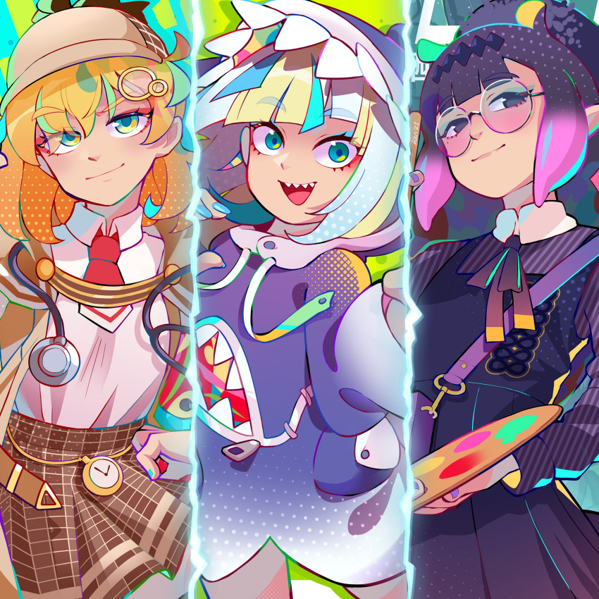 3girls, absurdres, bangs, blonde_hair, blue_eyes, blue_hair, eyebrows_visible_through_hair, gawr_gura