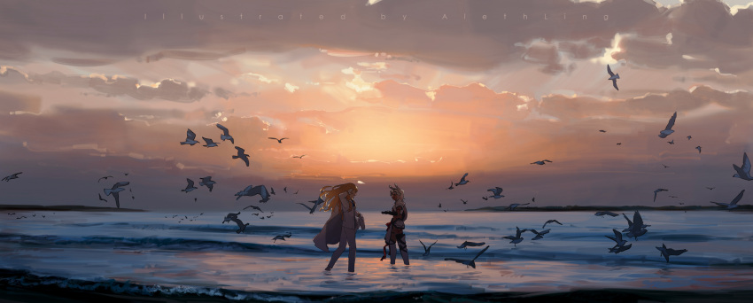 1boy, 1girl, alethling, animal, armor, bird, blonde_hair, caenis_(fate)