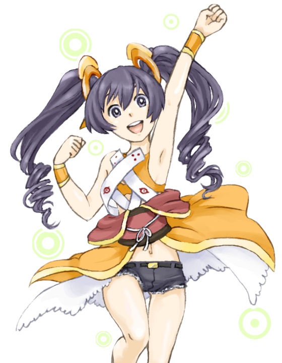 ar_tonelico_ii, black_hair, blue_eyes, cocona_vatel, denim, denim_shorts, gust, hair_ornament, long_hair, midriff, navel, open_mouth, shorts, smile, solo, tako_(pixiv251252), twintails, wristband