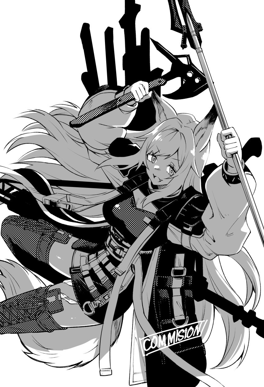 1girl, absurdres, animal_ears, arknights, axe, bangs, breasts, brown_hair