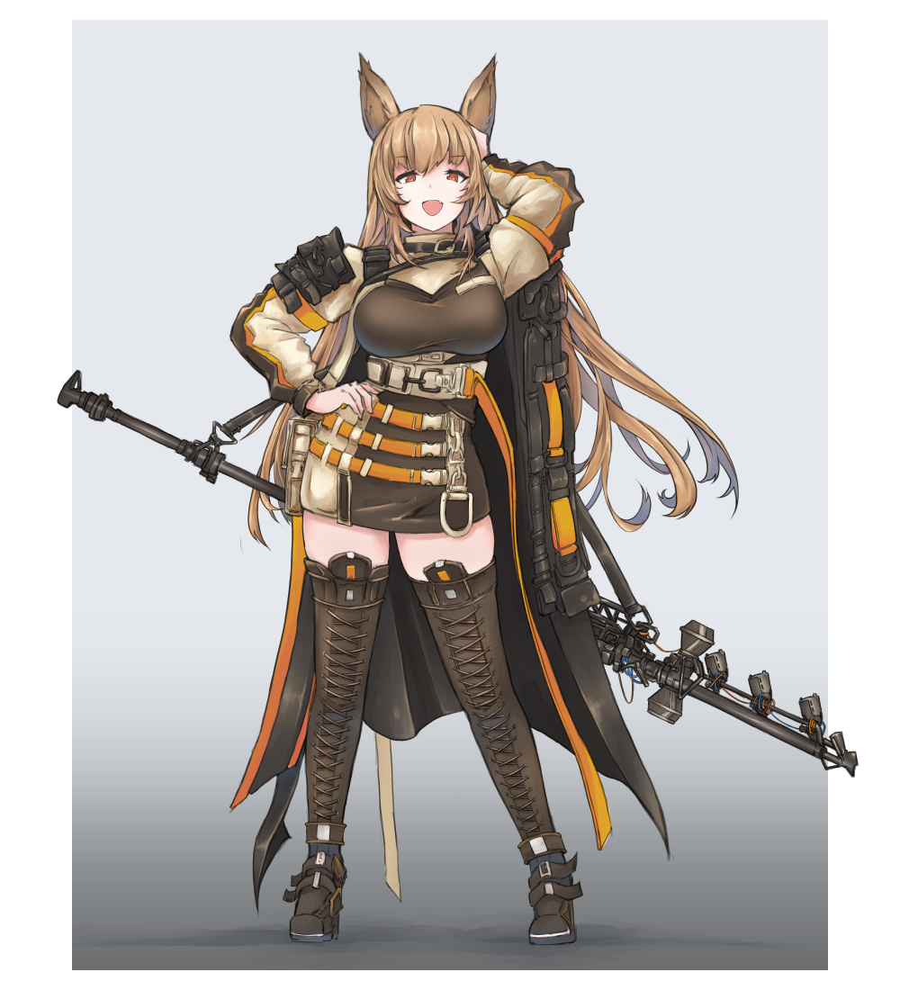 1girl, :d, animal_ears, arknights, black_background, boots, breasts, brown_dress, brown_footwear, brown_hair, ceobe_(arknights), dmt_(auburn), dog_ears, dog_girl, dress, full_body, gradient, gradient_background, hand_on_own_head, high_heels, large_breasts, long_hair, open_mouth, red_eyes, smile, staff, thigh-highs, thigh_boots, thighs, white_background