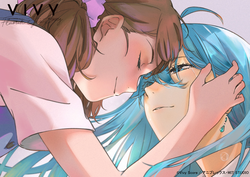 2girls, absurdres, android, asano_kyouji, blue_eyes, blue_hair, brown_hair, closed_eyes