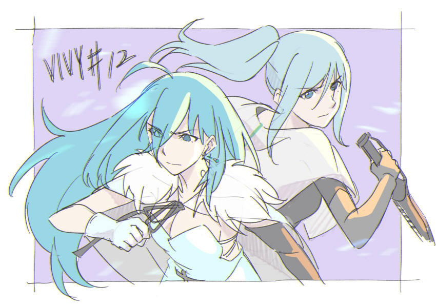 2girls, ahoge, android, back-to-back, blue_eyes, blue_hair, dress, elbow_gloves