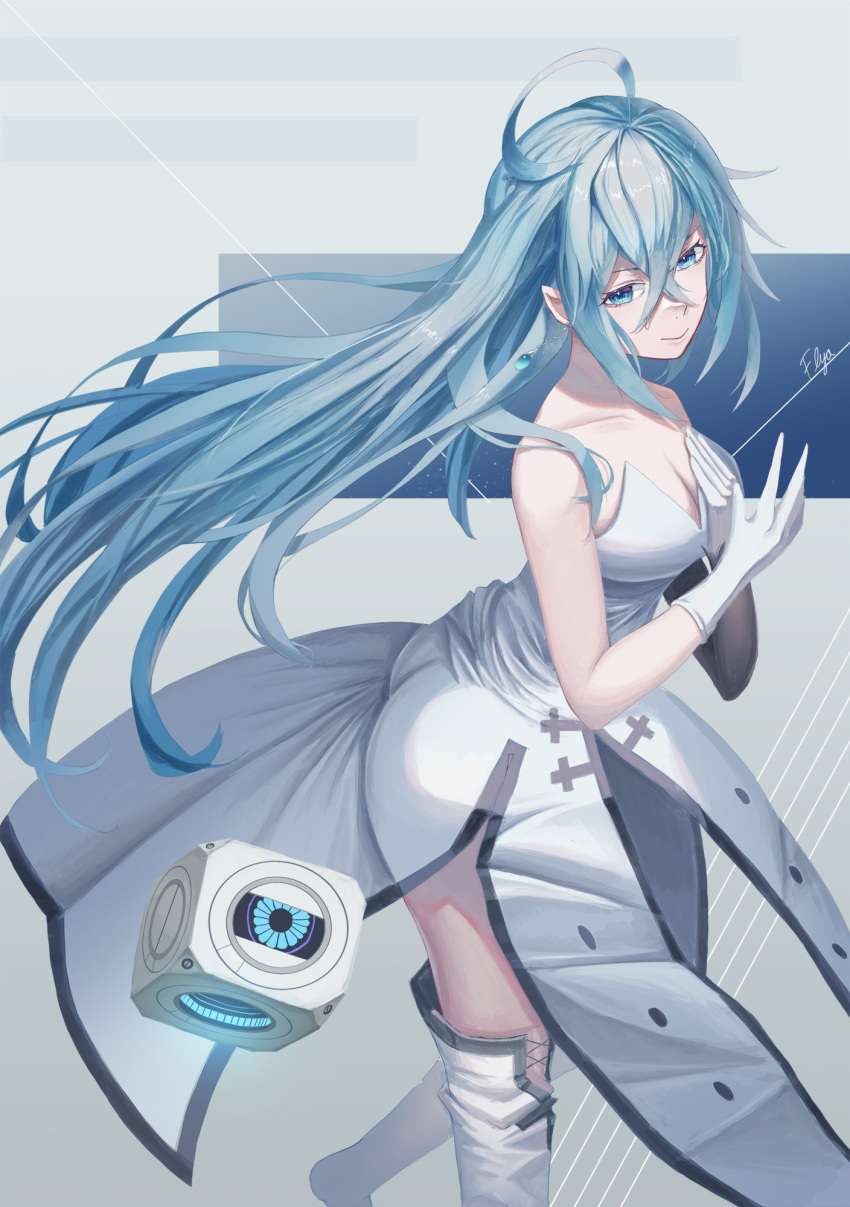 1girl, ass, bare_shoulders, blue_eyes, blue_hair, boots, dress, floating_hair
