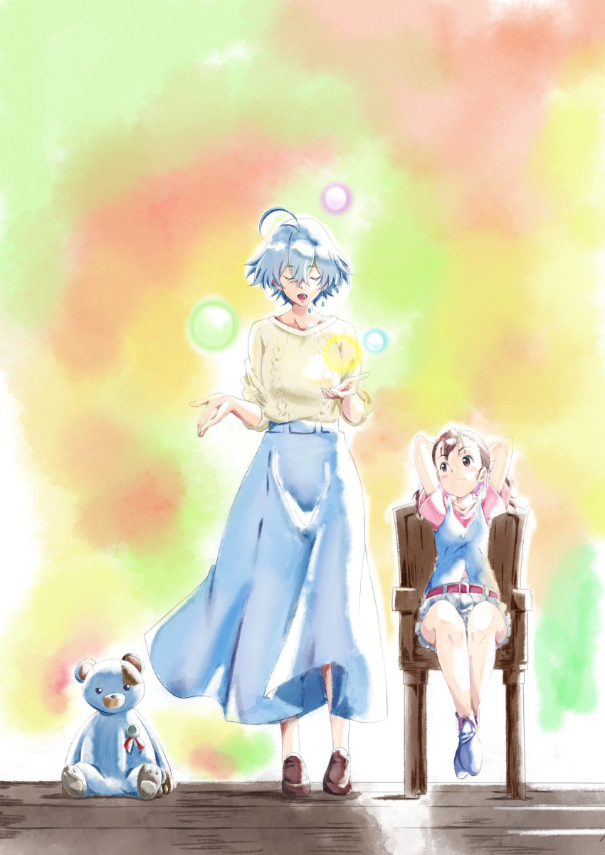 2girls, ahoge, arms_behind_back, bear, beige_sweater, blue_hair, blue_skirt, blush, brown_eyes, brown_footwear, brown_hair, closed_eyes, earrings, full_body, hands_up, highres, jewelry, kirishima_momoka, long_skirt, matsumoto_(vivy), multiple_girls, music, open_mouth, short_hair, shorts, singing, sitting, skirt, standing, tsuji643163271, vivy, vivy:_fluorite_eye's_song