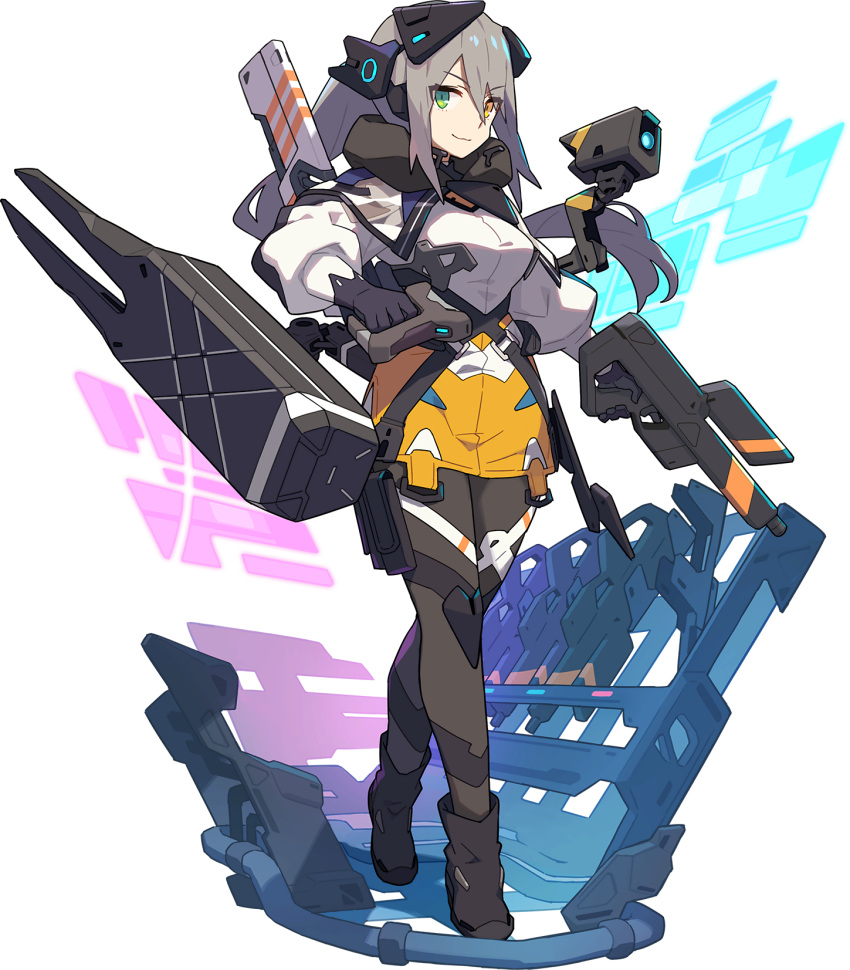 1girl, :3, artist_request, assault_rifle, bangs, baretta_(world_flipper), black_footwear, black_gloves, black_legwear, boots, breasts, camera, capelet, closed_mouth, eyebrows_visible_through_hair, full_body, gloves, green_eyes, grey_hair, gun, happy, headgear, heel_up, heterochromia, highres, holding, holding_gun, holding_shield, holding_weapon, holographic_interface, knee_pads, long_hair, long_sleeves, looking_at_viewer, medium_breasts, miniskirt, non-web_source, official_art, pantyhose, pencil_skirt, pouch, puffy_long_sleeves, puffy_sleeves, rifle, see-through, shield, shiny, shiny_hair, shirt, sidelocks, skirt, smile, soldier, solo, standing, thigh_pouch, thigh_strap, transparent_background, trigger_discipline, v-shaped_eyebrows, weapon, weapon_on_back, weapon_rack, white_shirt, world_flipper, yellow_eyes, yellow_skirt