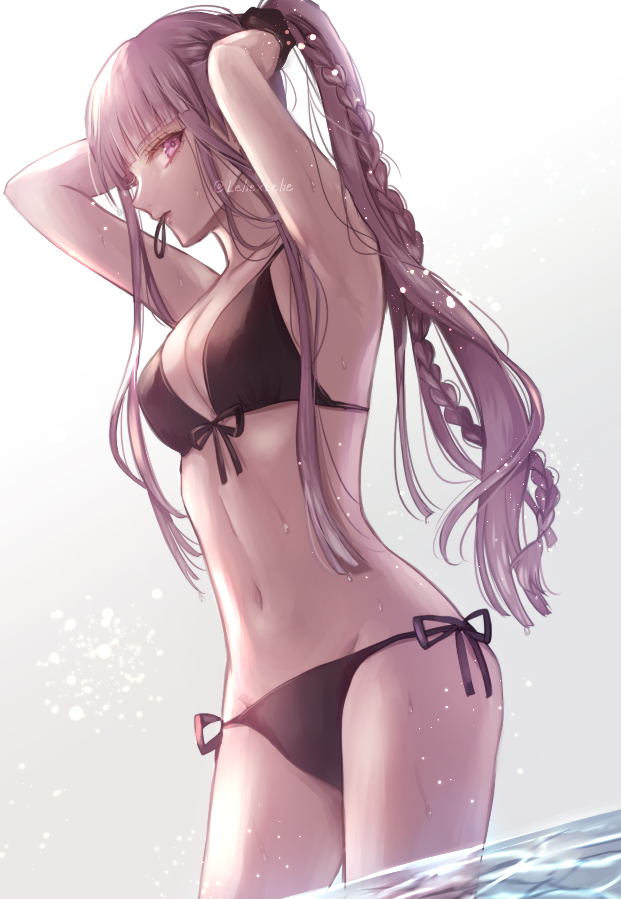 1girl, armpits, arms_up, bangs, bare_arms, bare_shoulders, bikini, black_bikini, braid, breasts, commentary_request, cowboy_shot, dangan_ronpa:_trigger_happy_havoc, dangan_ronpa_(series), dangan_ronpa_s:_ultimate_summer_camp, from_side, front-tie_bikini, front-tie_top, gloves, in_water, kirigiri_kyouko, large_breasts, long_hair, looking_at_viewer, mouth_hold, navel, side-tie_bikini, solo, standing, stomach, swimsuit, violet_eyes, water, wet, z-epto_(chat-noir86)