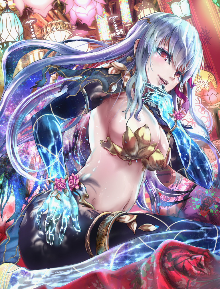 1girl, breasts, demon_girl, earrings, fate/grand_order, fate_(series), flower, hair_ribbon