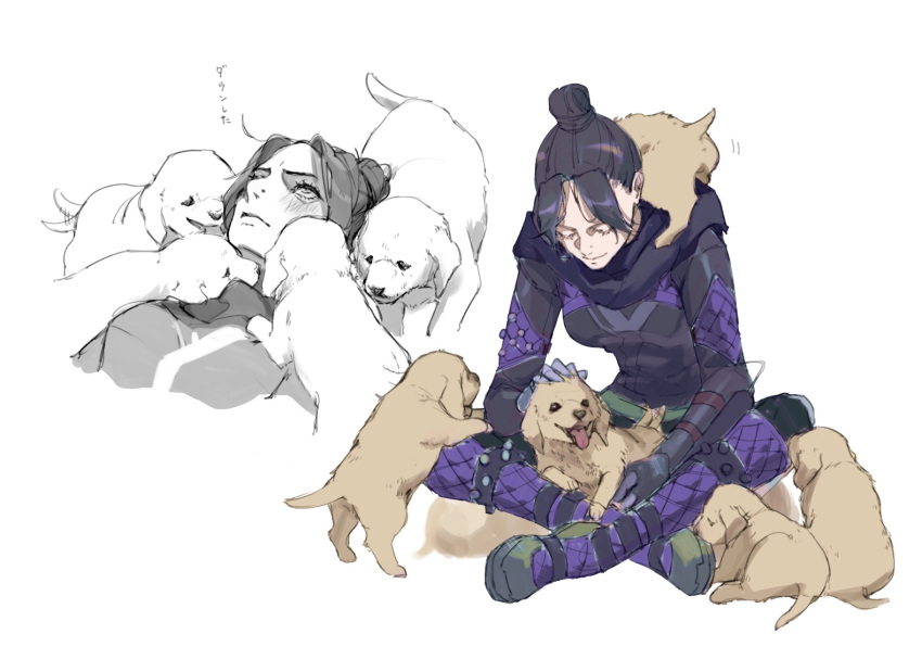 1girl, annoyed, apex_legends, bangs, black_bodysuit, black_eyes, black_hair, black_scarf