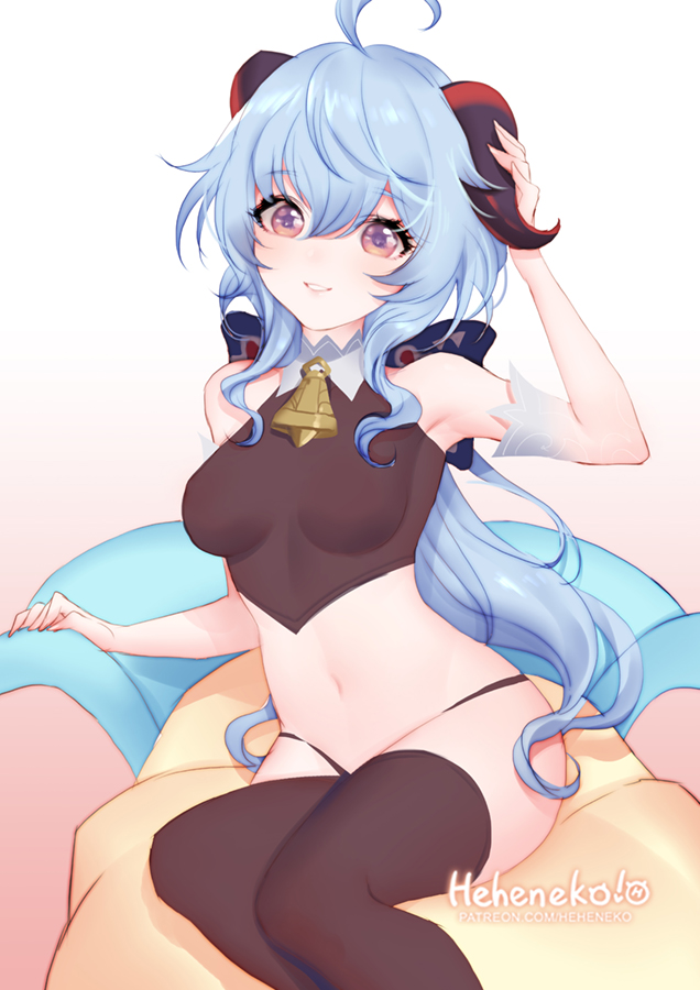 1girl, ahoge, artist_name, bare_shoulders, bell, blue_hair, bow, breasts, cowbell, ganyu_(genshin_impact), genshin_impact, hair_bow, heheneko, horns, medium_breasts, navel, smile, solo, violet_eyes, watermark