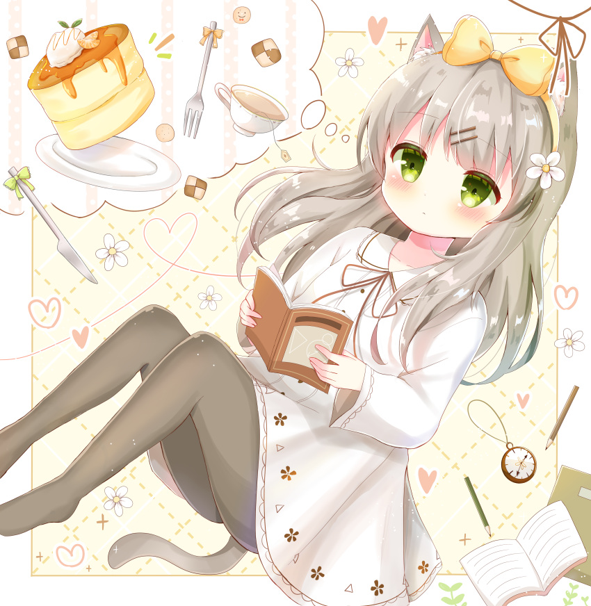 1girl, absurdres, animal_ear_fluff, animal_ears, book, bow, cat_ears, cat_girl