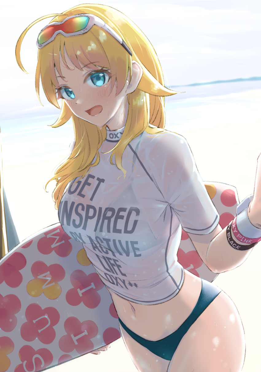 1girl, :d, beach, bikini, bikini_under_clothes, blonde_hair, blue_bikini, blue_eyes, blush, breasts, clothes_writing, cowboy_shot, day, english_text, eyewear_on_head, hachimiya_meguru, highres, idolmaster, idolmaster_shiny_colors, large_breasts, long_hair, looking_at_viewer, navel, open_mouth, outdoors, rainbow-tinted_eyewear, see-through, shirt, smile, solo, sunlight, surfboard, swimsuit, umirororo, wet, wet_clothes, wet_shirt, white-framed_eyewear, white_shirt, wristband