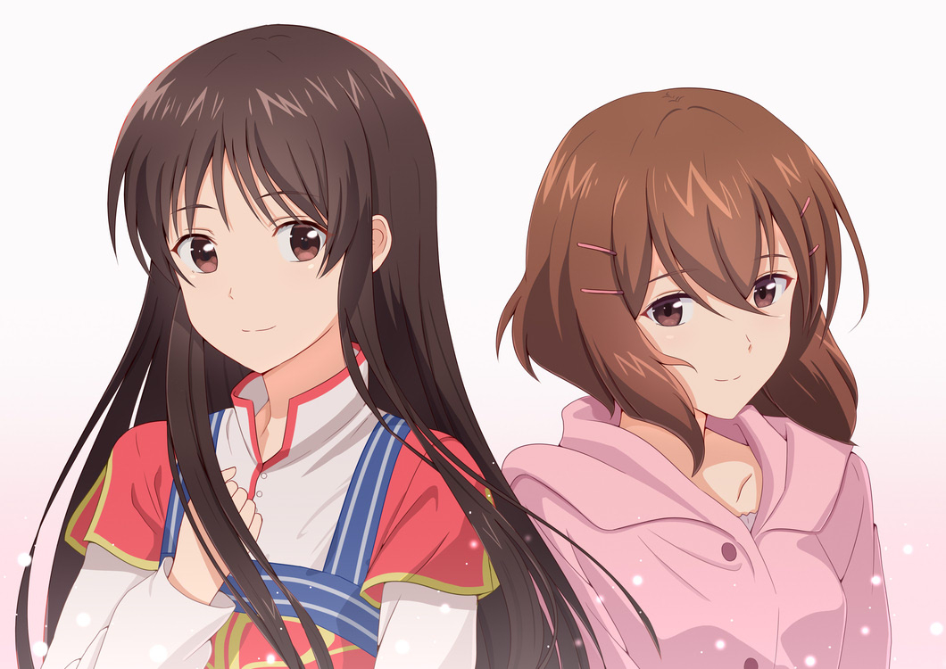 2girls, bangs, brown_eyes, brown_hair, character_request, closed_mouth, commentary_request, derivative_work