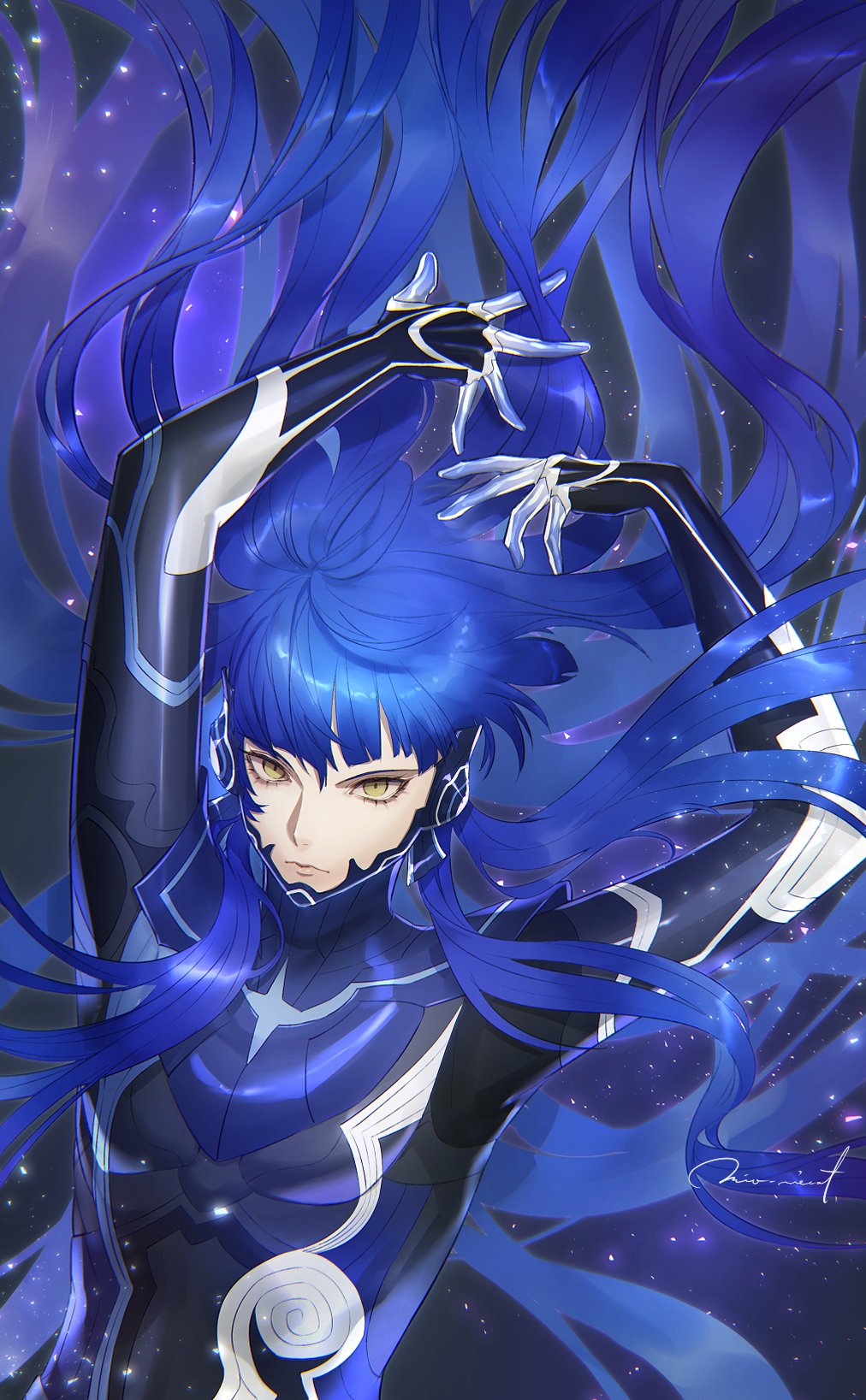 1boy, androgynous, bangs, bodysuit, collarbone, eyelashes, highres, kuroda_matsurika, long_hair, looking_at_viewer, male_focus, protagonist_(smtv), purple_hair, shin_megami_tensei, shin_megami_tensei_v, simple_background, solo, sword, very_long_hair, weapon, yellow_eyes