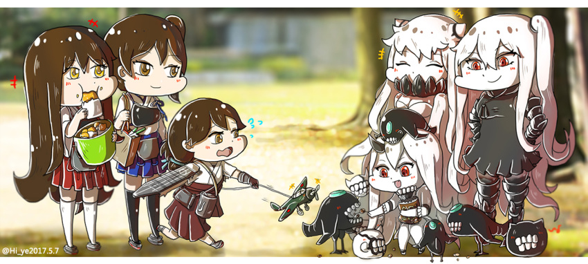6+girls, abyssal_ship, aircraft_carrier_oni, akagi_(kancolle), chinese_commentary, dark_persona, enemy_aircraft_(kancolle), escort_princess