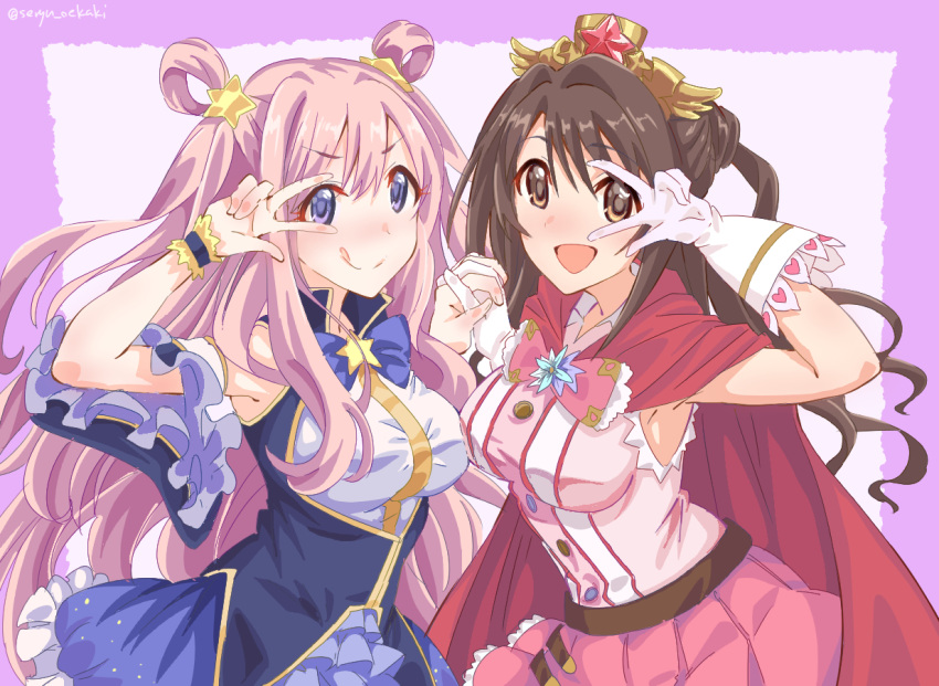 2girls, armpits, breasts, brown_hair, cloak, eyebrows_visible_through_hair, hair_between_eyes, hatsune_(princess_connect!)