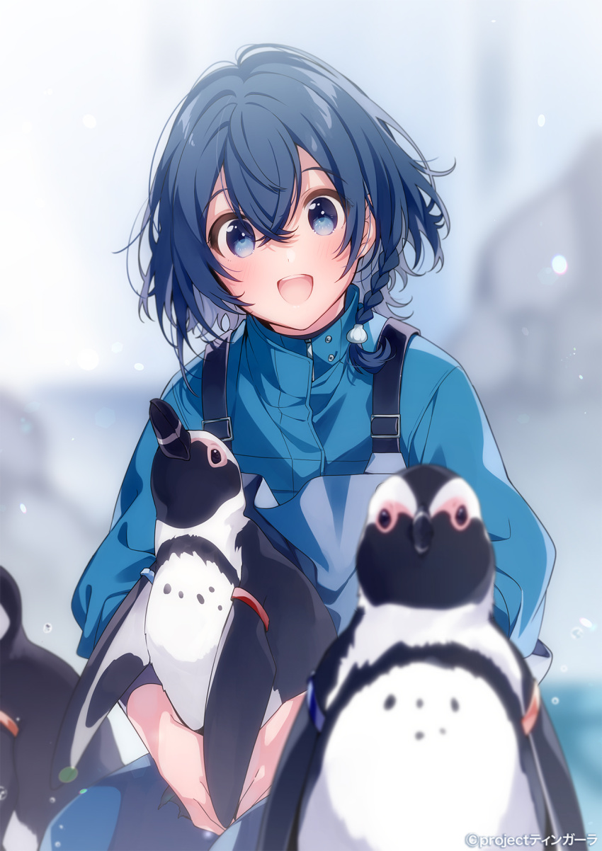 1girl, african_penguin, animal, aquarium, bird, blue_eyes, blue_hair, blue_shirt