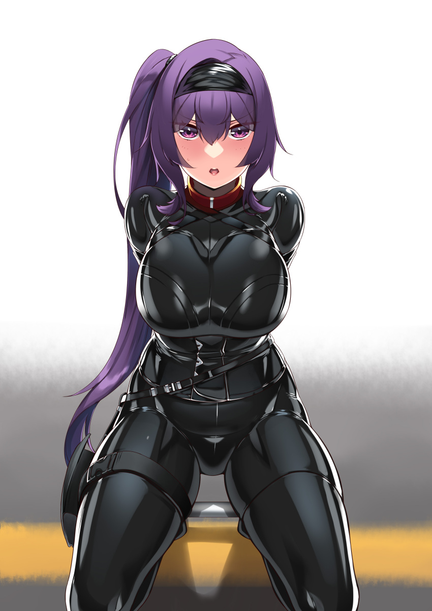 1girl, absurdres, bdsm, blush, bodysuit, bondage, bound, bound_ankles