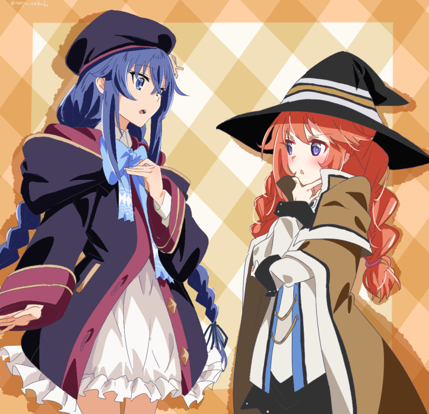 2girls, blue_eyes, blue_hair, breasts, hat, long_hair, look-alike, multiple_girls