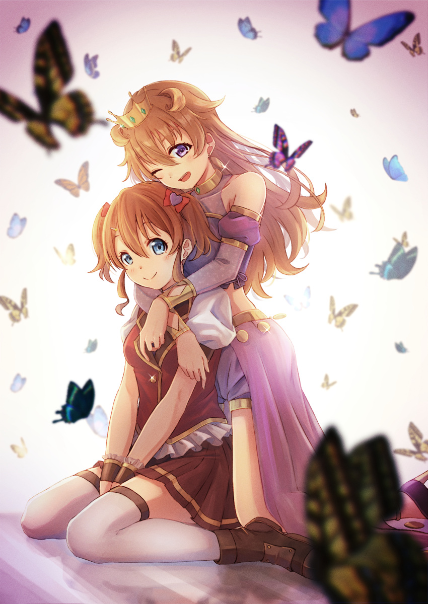 2girls, bare_shoulders, blush, boots, brown_footwear, brown_hair, bug, butterfly, butterfly_(love_live!), buttons, crown, detached_sleeves, double_bun, high_heels, highres, hug, hug_from_behind, insect, konoe_haruka, konoe_kanata, long_hair, love_live!, love_live!_nijigasaki_high_school_idol_club, macken666, miniskirt, multiple_girls, orange_hair, purple_footwear, purple_shorts, purple_tank_top, red_vest, short_hair, shorts, siblings, sisters, skirt, tank_top, thigh-highs, twintails, vest, violet_eyes, wavy_hair, white_legwear, wrist_cuffs, yuri