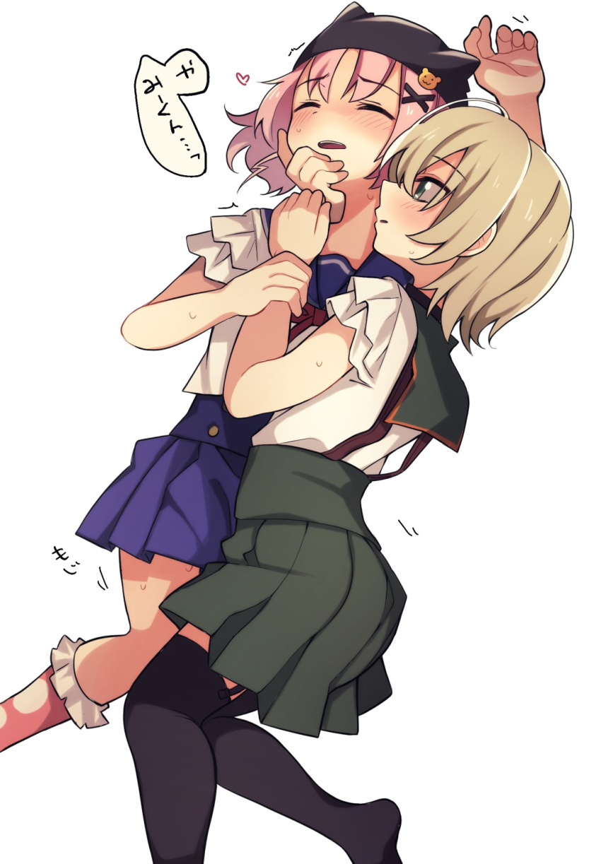 2girls, bear_hair_ornament, blush, closed_eyes, cross_hair_ornament, gakkou_gurashi!, garter_straps, green_eyes