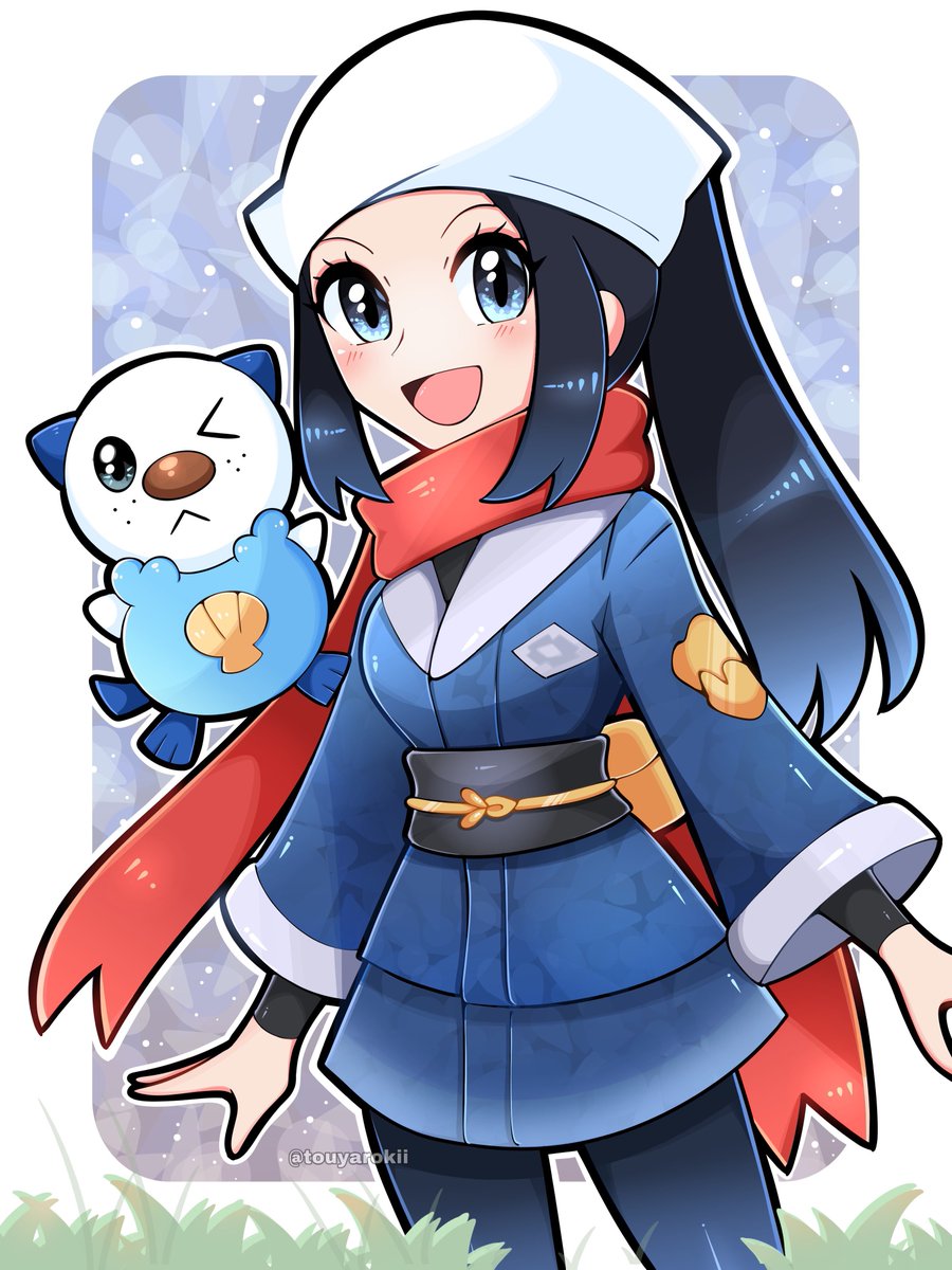 1girl, 1other, akari_(pokemon), animal, bandana, belt, black_hair, creatures_(company)