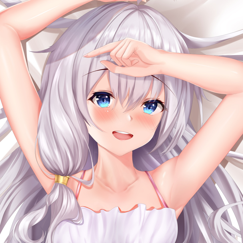 1girl, :d, absurdres, armpits, arms_up, bangs, blue_eyes, blush, collarbone, dakimakura_(medium), elaina_(majo_no_tabitabi), eyebrows_visible_through_hair, from_below, hair_between_eyes, highres, kulayueyue, long_hair, looking_at_viewer, lying, majo_no_tabitabi, on_back, open_mouth, portrait, shiny, shiny_hair, silver_hair, sleeveless, smile, solo, spaghetti_strap