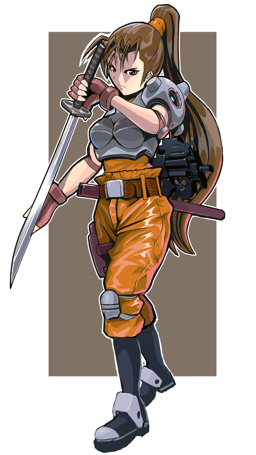 1girl, absurdres, aliens_vs_predator, armor, belt, belt_buckle, boots, breasts