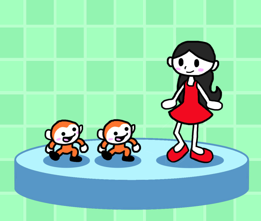 1girl, 2others, animal, black_hair, blush_stickers, checkered_background, cute, dancing, dress, flats, girl_(rhythm_heaven), girl_(rhythm_tengoku), human, long_hair, mammal, monkey, monkey_(rhythm_heaven), nintendo, phantomballoonboy64, ponytail, red_dress, red_shoes, rhythm_heaven, rhythm_tengoku, rhythm_tengoku_(game), shoes, white_skin