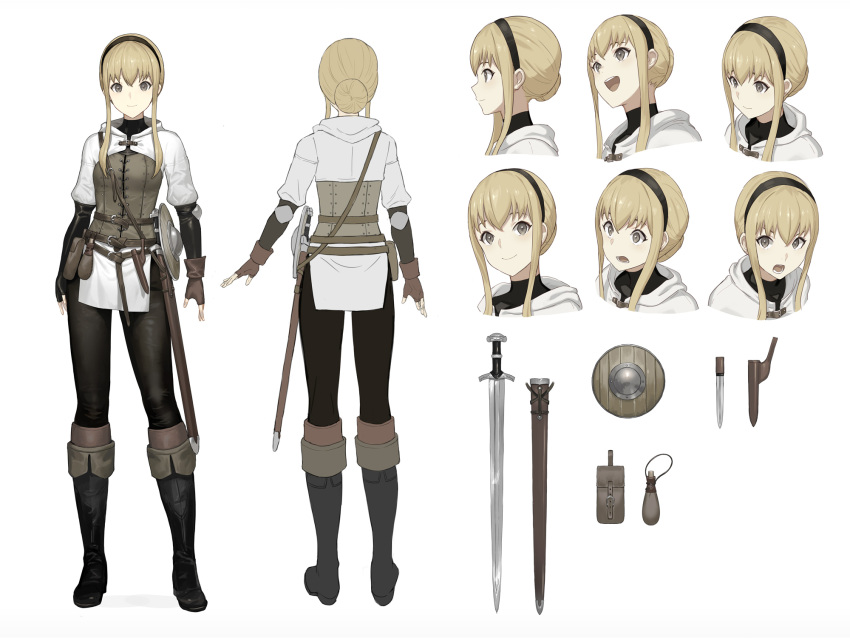 1girl, :d, arms_at_sides, belt, belt_pouch, blonde_hair, boots, brown_gloves, buckler, character_sheet, commentary_request, cross-laced_clothes, dagger, expressions, facing_away, fantasy, fingerless_gloves, flat_color, from_behind, from_side, full_body, gloves, grey_eyes, hairband, highres, km_yama, knife, long_bangs, looking_at_viewer, medieval, open_mouth, original, pouch, sheath, sheathed, shield, smile, solo, standing, surprised, sword, upper_teeth, weapon, white_background