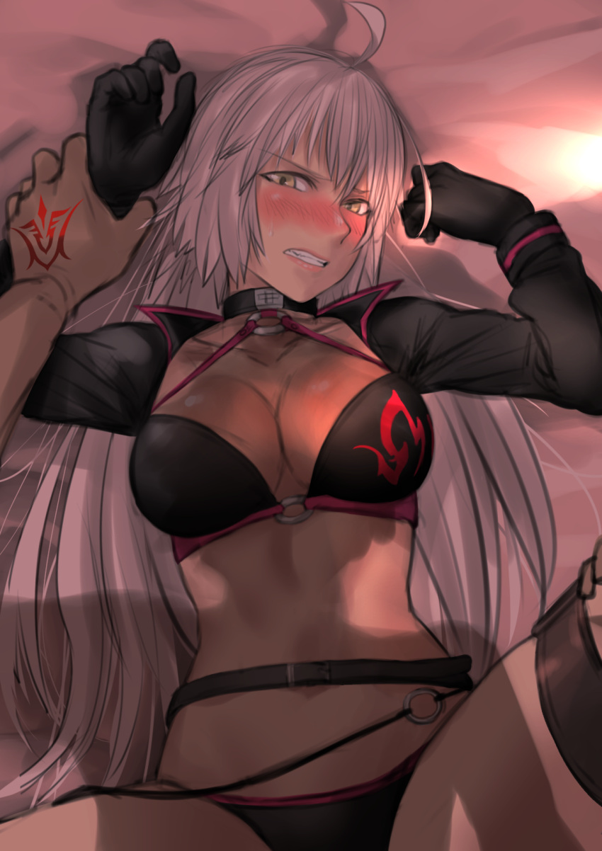 1boy, 1girl, ahoge, bikini, black_bikini, black_gloves, blush, breasts