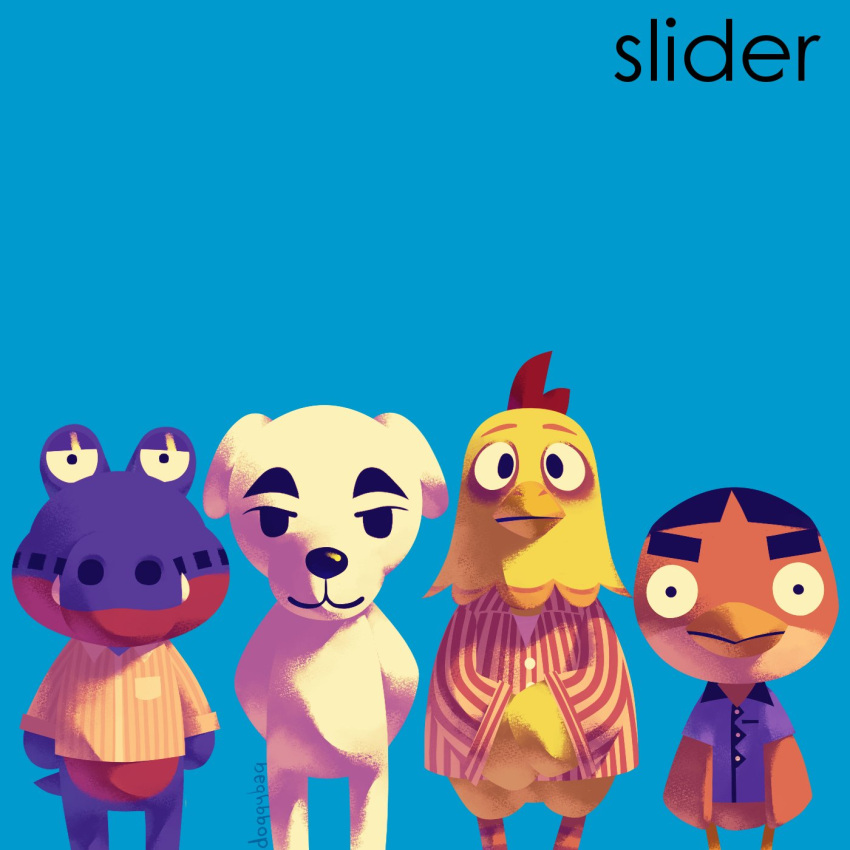 4boys, album_cover, album_cover_redraw, alligator, anchovy_(animal_crossing), animal_crossing, arms_behind_back, artist_name, beige_shirt, bird, blue_background, blue_shirt, bottomless, brian_bell, brian_bell_(cosplay), chicken, collared_shirt, commentary, cosplay, cover, crocodilian, del_(animal_crossing), derivative_work, dog, egbert_(animal_crossing), english_text, feet_out_of_frame, hands_together, highres, itsdoggybag, k.k._slider_(animal_crossing), long_sleeves, looking_at_viewer, matt_sharp, matt_sharp_(cosplay), md5_mismatch, multicolored_shirt, multiple_boys, nude, parody, patrick_wilson, patrick_wilson_(cosplay), red_shirt, rivers_cuomo, rivers_cuomo_(cosplay), rooster, shirt, short_sleeves, sleeve_cuffs, smile, standing, staring, striped, striped_shirt, the_blue_album, thick_eyebrows, vertical-striped_shirt, vertical_stripes, weezer