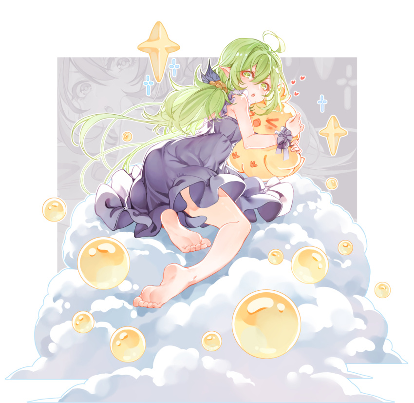 1girl, ahoge, bare_legs, bare_shoulders, barefoot, bird, chick, clouds, dress, green_eyes, green_hair, hair_ornament, heart, highres, hug, long_hair, looking_back, original, pointy_ears, soles, solo, suaynnai_wanzi, toes